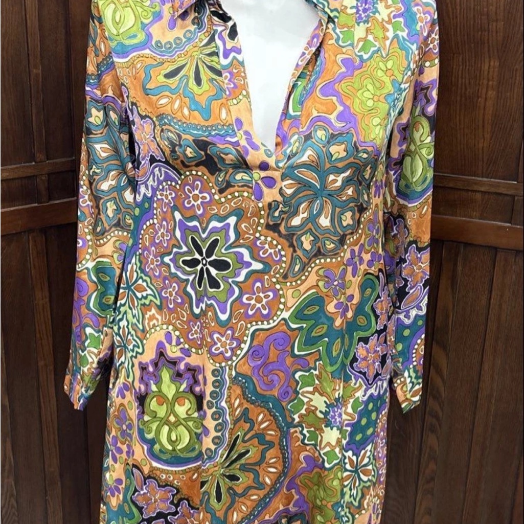 Paisley Print Long Sleeve Shirt Dress - Multicolor